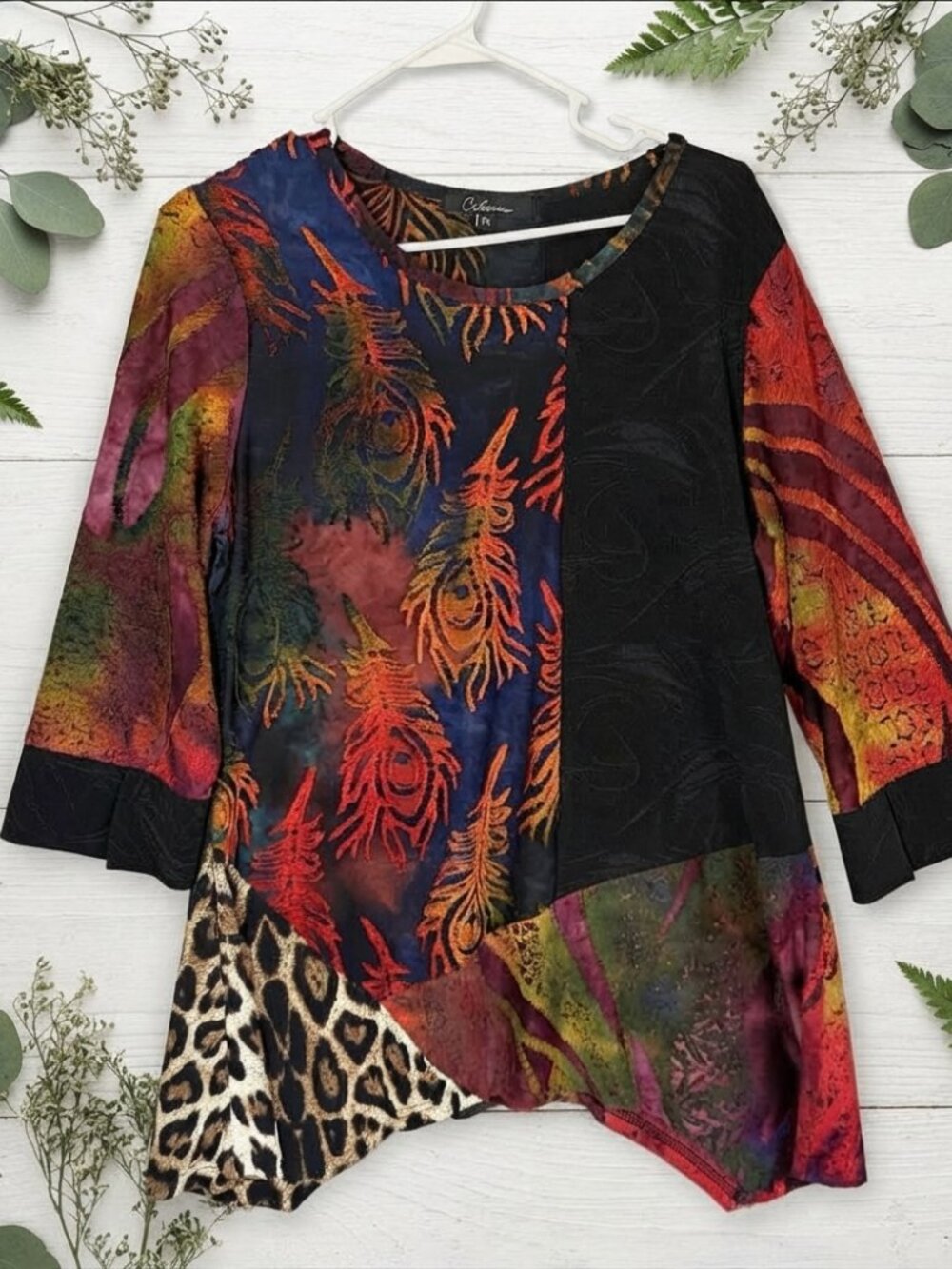 Calessa Petite PL Top Tunic Velvet Burnout Sleeve Floral Leopard Print Boho Arts
